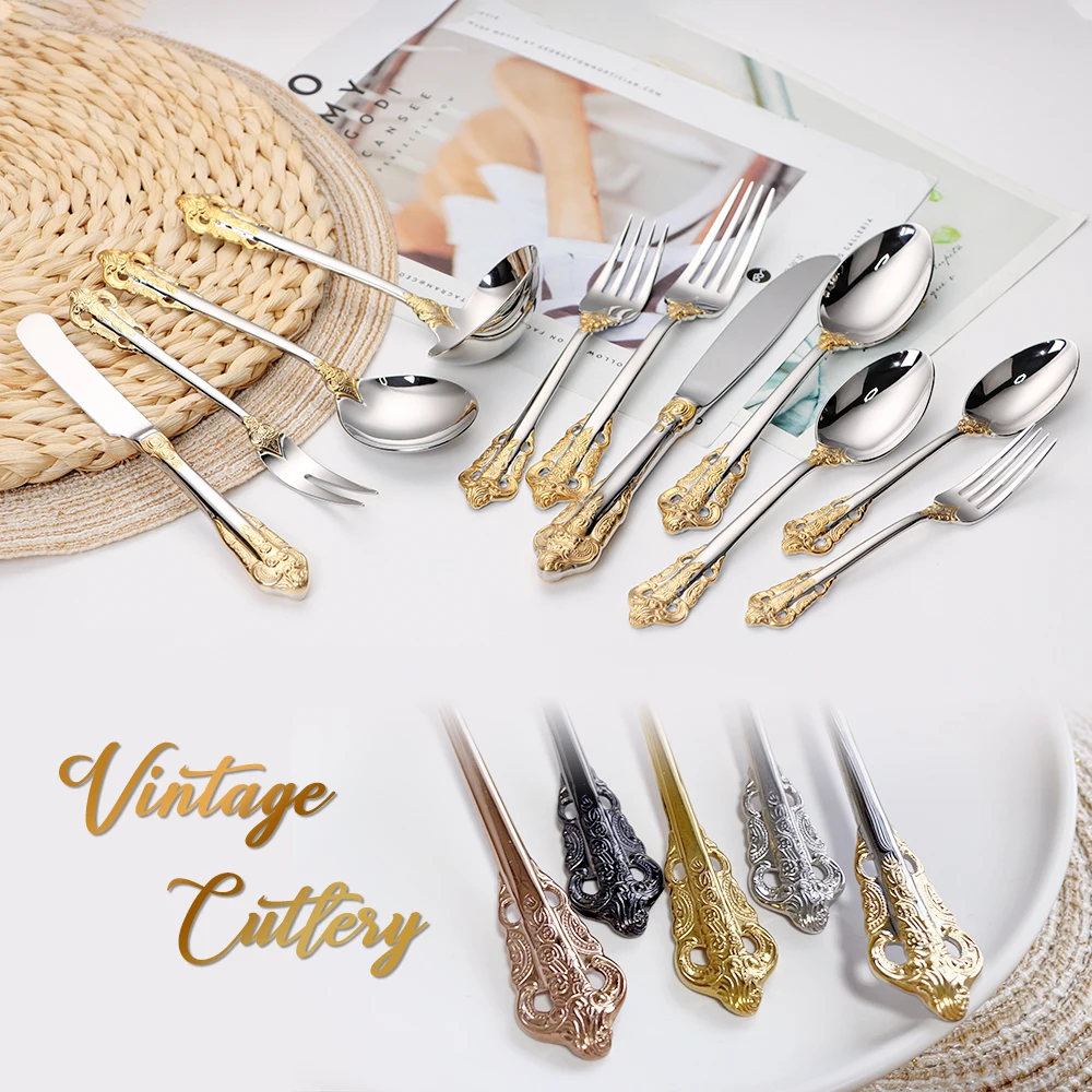 1piece Luxury Gold Plated Cutlery Set Vintage 18/10 Stainless Steel Knife Fork Spoon Gravy Ladle For Wedding Dinner Party Hotel