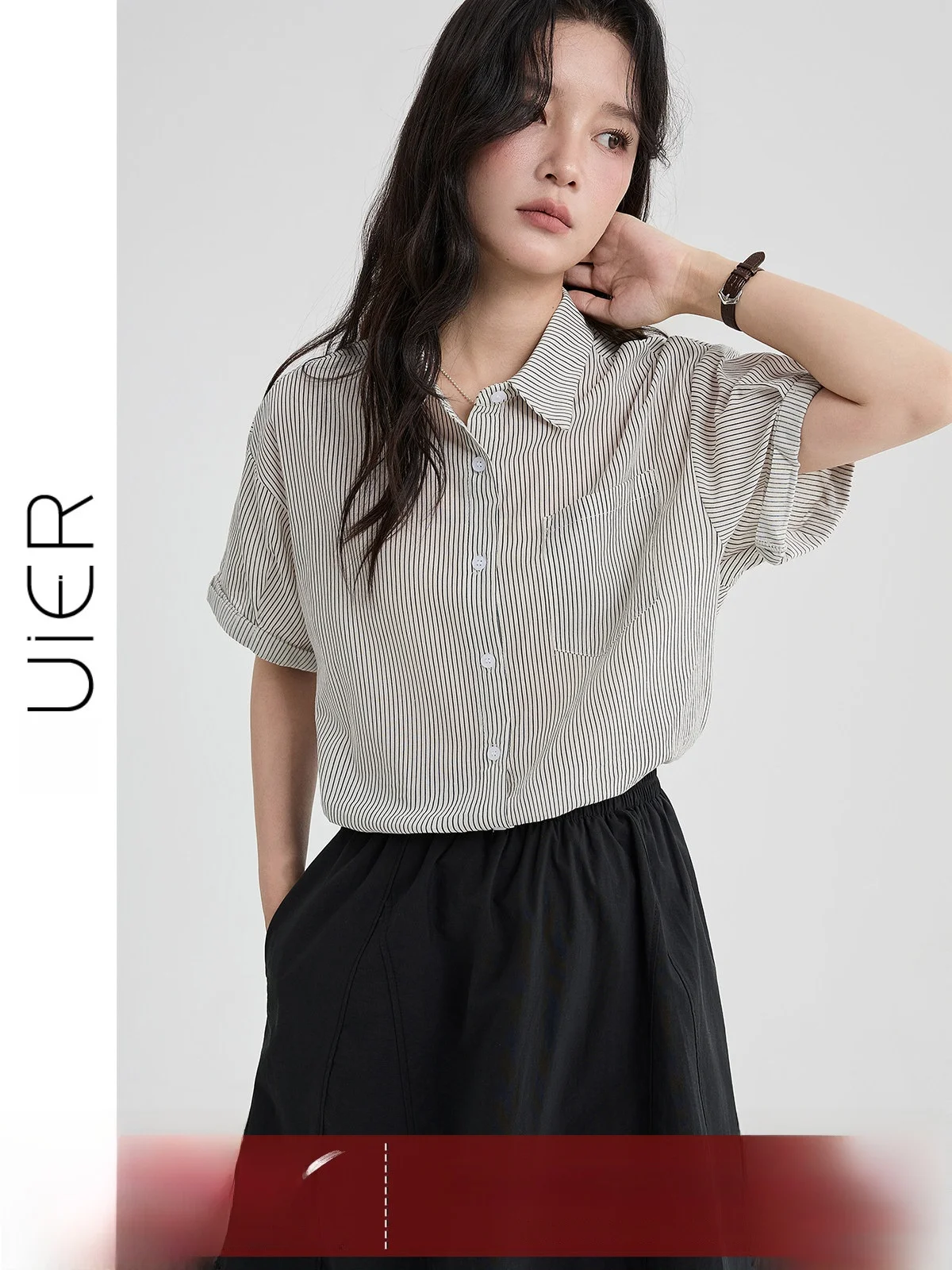 

Summer 2026 New Women's Loose Fit Striped Short Sleeve Shirt Casual Style Roll Cuff Slimming Effectiveness Comfortable Shirt