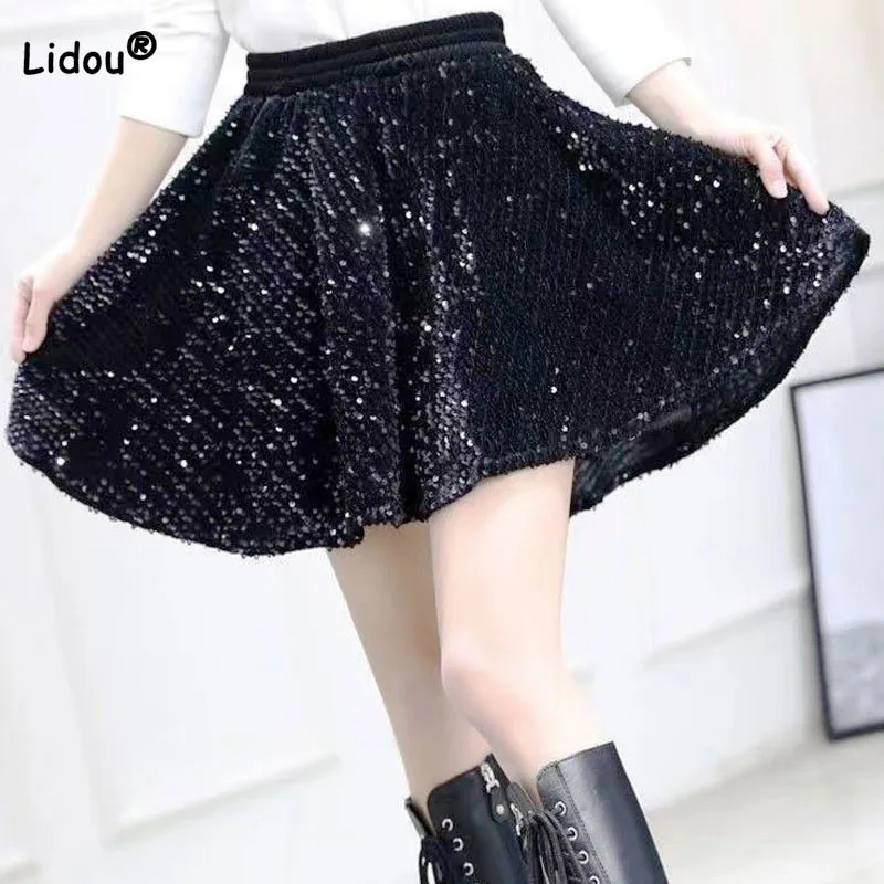 Trend Fashion Women's Solid Color Sequined Mini Skirts Summer Korean Elastic High Waist Casual Ball Gown Skirts Female Clothing