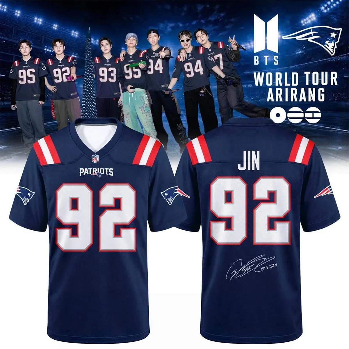 BTS Korean boy band #JIN member x Patriots jersey T-shirt Men's and Women's fan gifts Breathable and comfortable Loose Y2K shirt