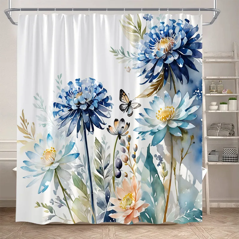 Floral Shower Curtain Blue Purple Pink Watercolour Flowers Plant Modern Minimalist Polyester Bathroom Decor Bath Curtains Set