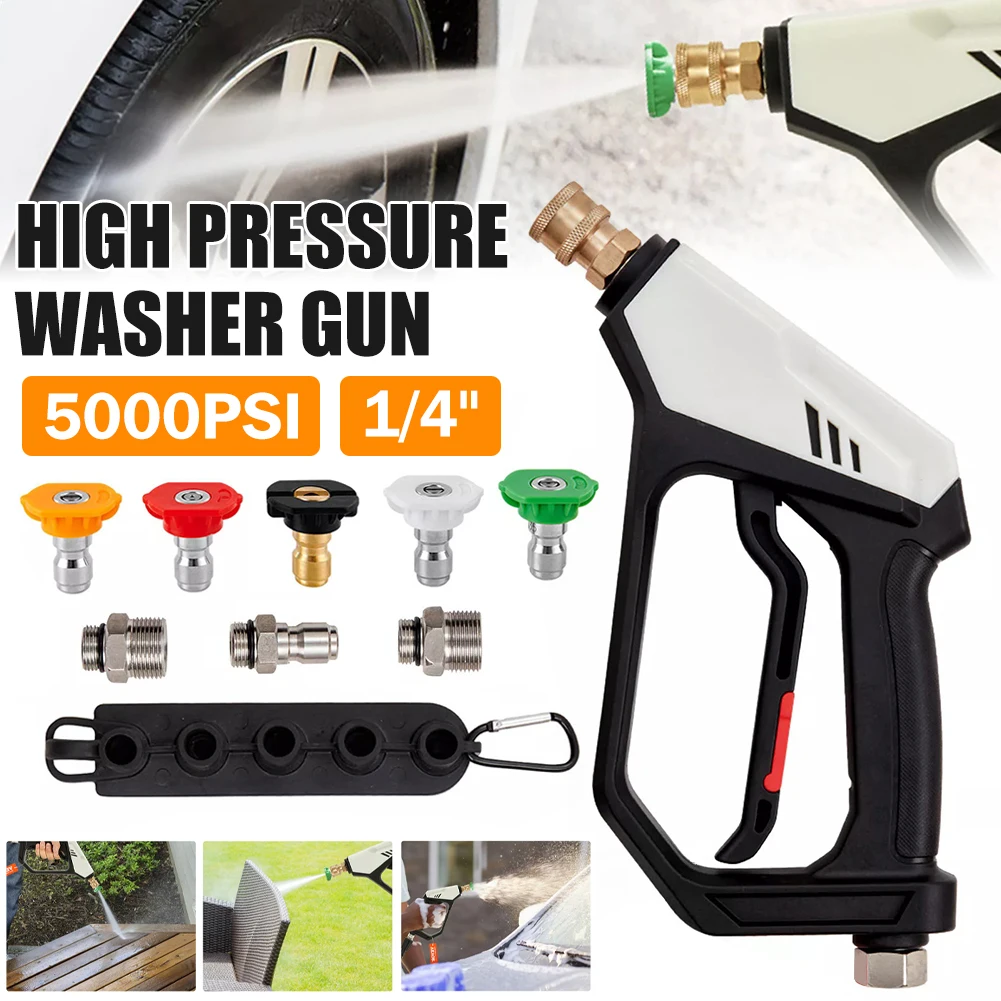 Short Pressure Washer Gun, 5000 PSI High Power Washer Spay Gun, M22-14,15mm / 3/8'' Inlet & 1/4'' Outlet, Pressure Washer Handle