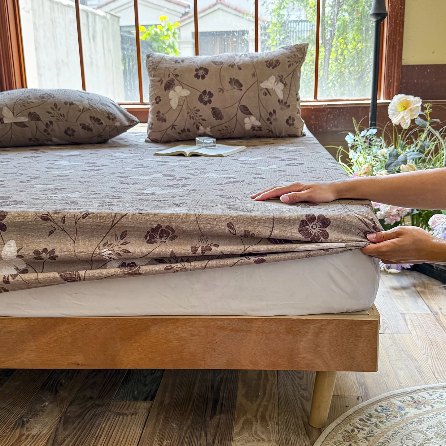 Korean Style Mattress Cover Floral Linen Fitted Sheet Set With Elastic Pillowcases Bed Linen Bedding Single Twin Double Size