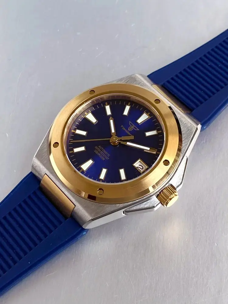 ساعة Tandorio 40 ملم مطلية بالذهب باللون الأزرق الميكانيكية NH35 للرجال ساعة غوص أوتوماتيكية 316L تاريخ Lume معقمة بمفتاح منخفض وطراز فاخر