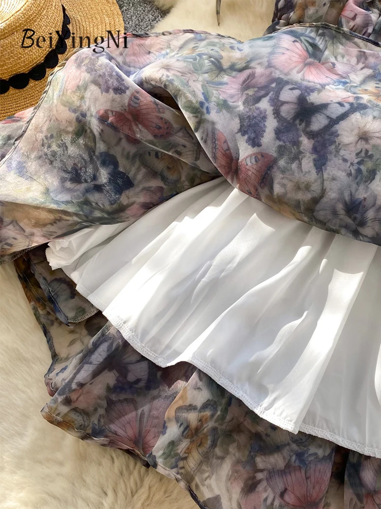 Beiyingni festa de aniversário tutu vestido feminino sexy francês doce cinta de espaguete vestidos de fiesta floral impressão malha em camadas vestido