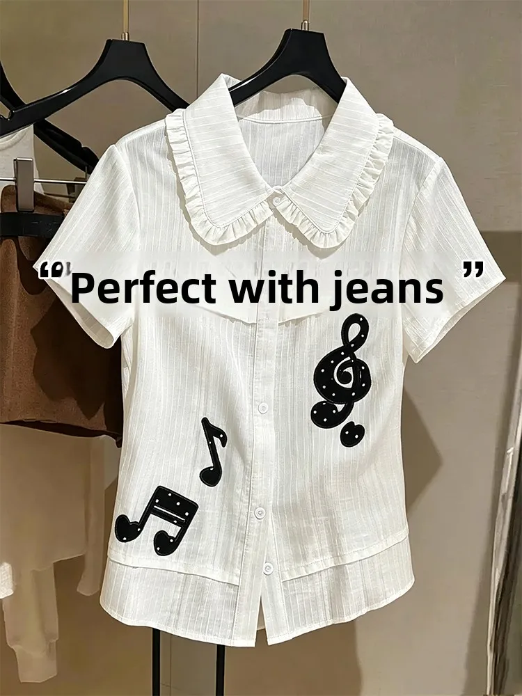 

Korean Style Short Sleeve White Doll Collar Slim Fit Shirt Women Summer Sweet Top Breathable Comfortable Casual Shirt