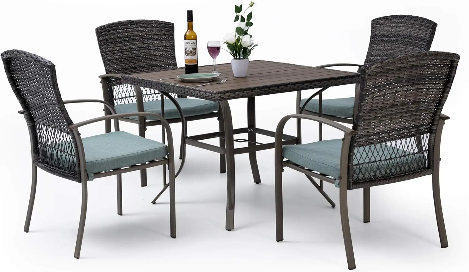 5 Piece Patio Dining Set, Green, Weather Resistant PE Rattan Table and Chairs, Comfortable Cushions