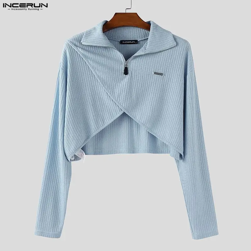 

INCERUN Men Pullovers Solid Knitted Lapel Long Sleeve Crop Tops Men Streetwear Fashion Casual Irregular Sweaters Men Clothing