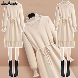 Women Autumn Winter Graceful Knit Midi Dress 2023 New Lady Mesh Patchwork Sweater Dresses Fashion Joker Bottoming ClothesFemale