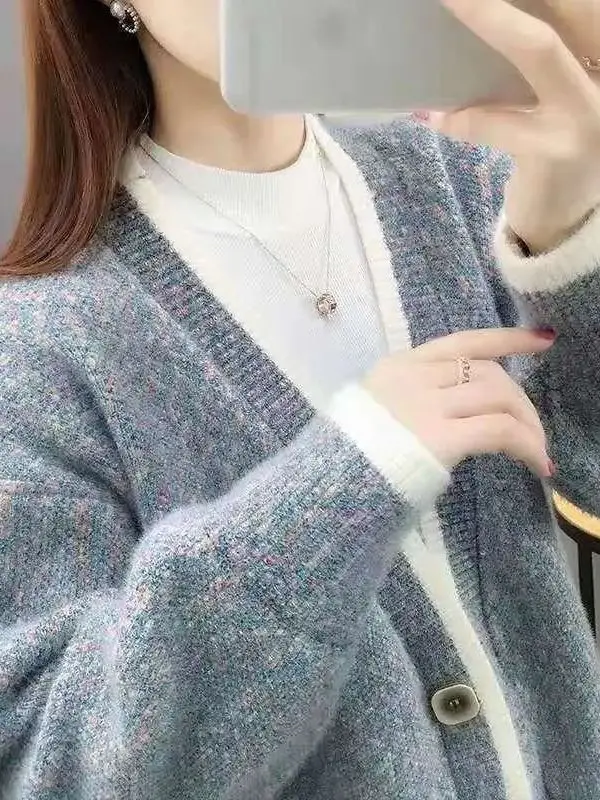 

Sli Women's Open Cardigan Outerwear Loose Lazy Sle Autumn Winter New Korean Version Versatile Color Blo V-Ne Knitwear