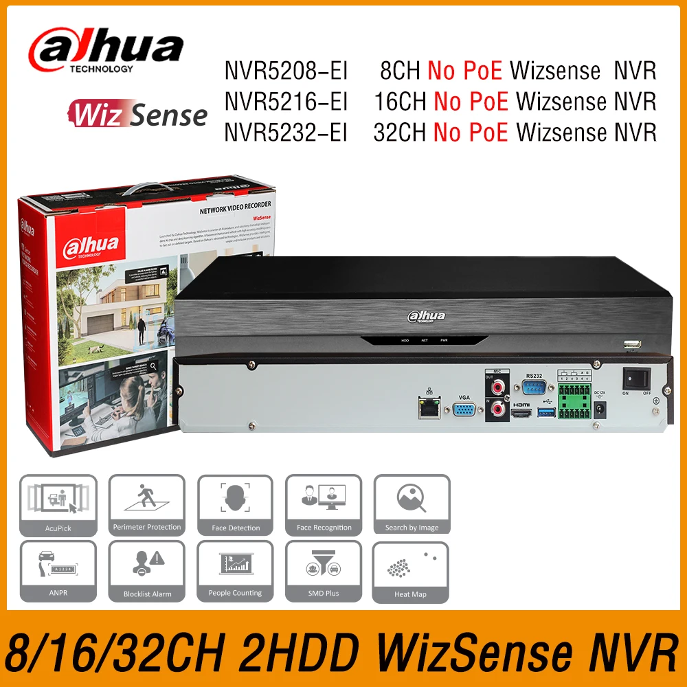 Dahua NVR5208-EI NVR5216-EI NVR5232-EI 8/16/32CH 2HDD Wizsense Network Video Recorder NVR CCTV Security System Face Detection AI