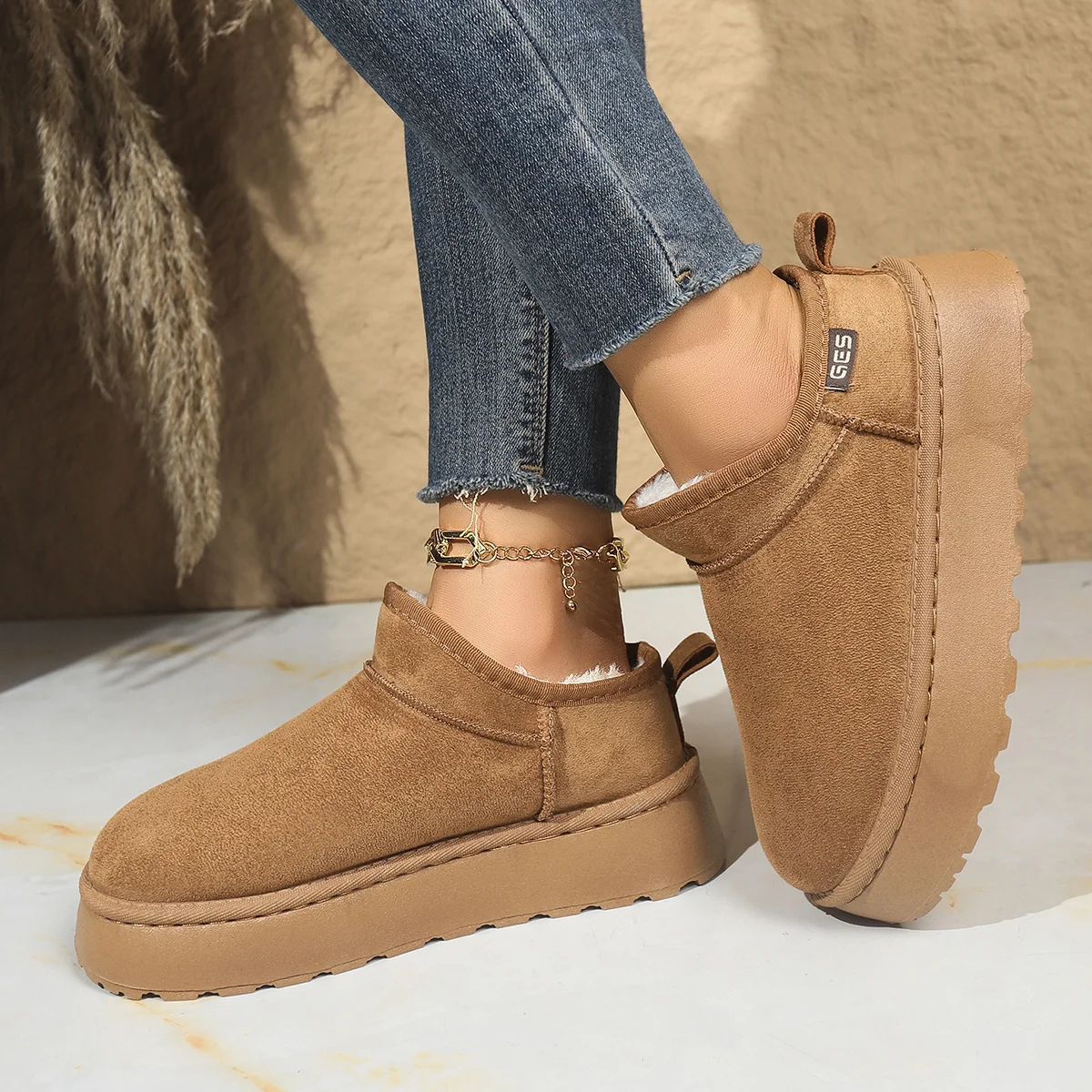 Snow Boots for Women 2026 Winter New Cashmere Warm Thick Soles Without Heel-covered Hair Half Slipper Cotton Shoes for Women