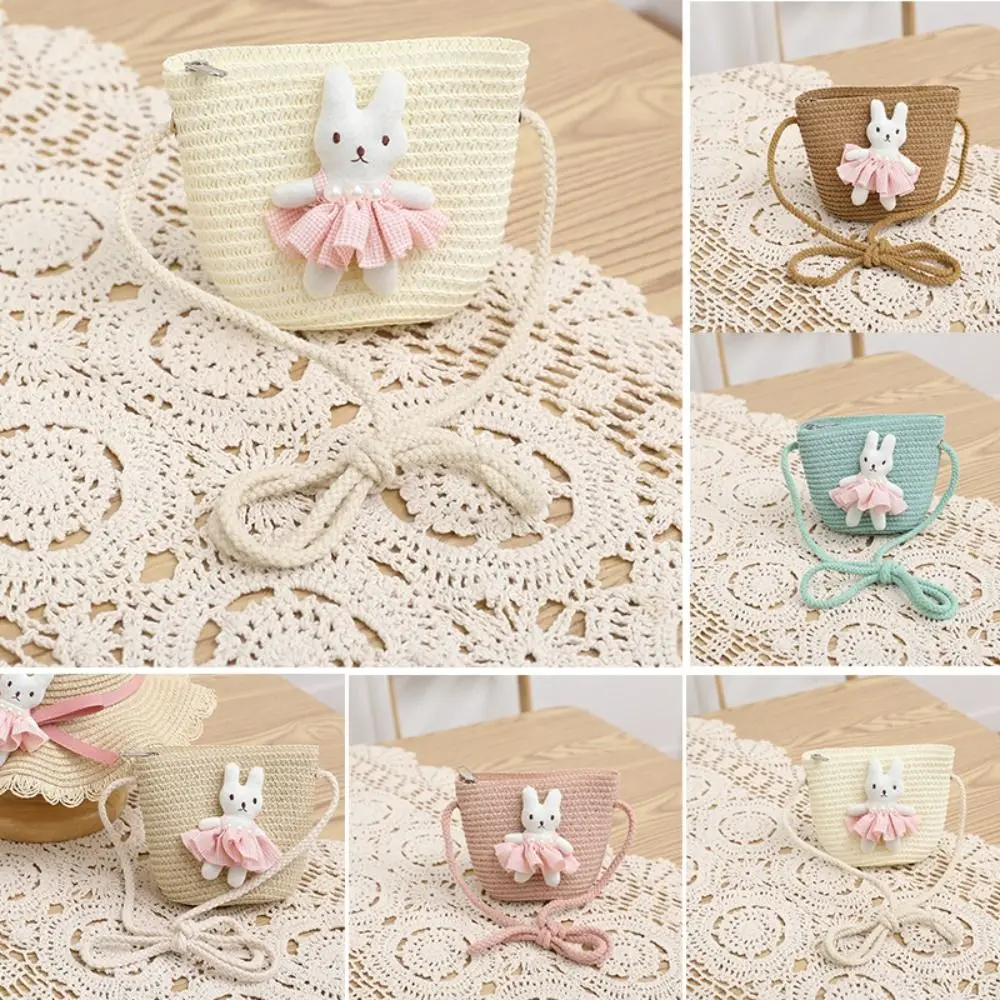 Summer Beach Cartoon Bunny Mini Straw Bag Zipper Handmade Woven Kid Messenger Bags Photo Props Coin Purse Crossbody Handbag