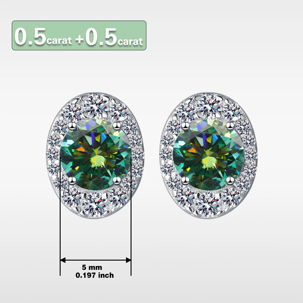 A pair of S925 sterling silver D-green stud earrings, oval bracket wrapped round GRA moissanite simple elegant stud earrings