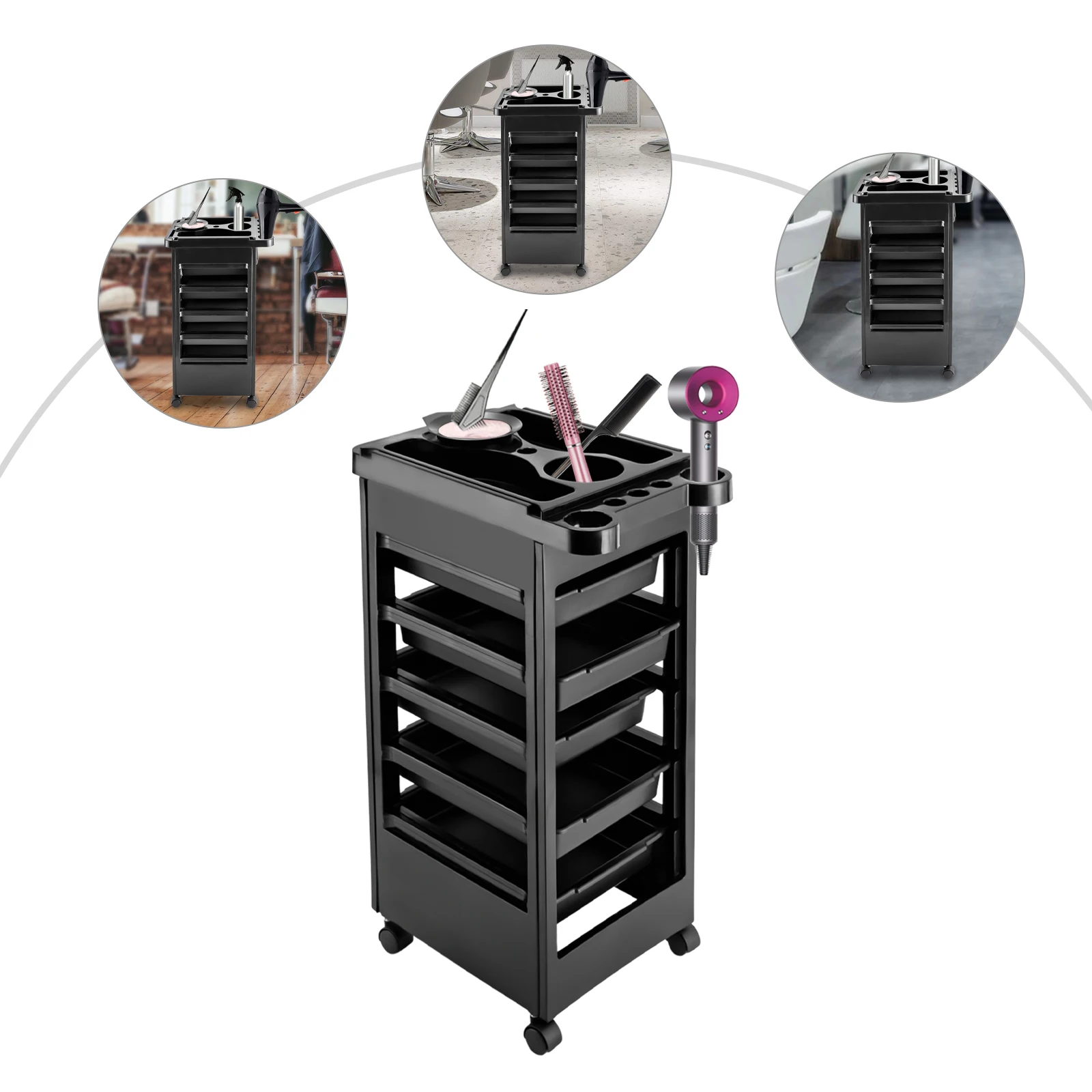 Beauty Tattoo Budget Hair Styling Salon Trolley Cart with Wheels and 5 Drawers Black