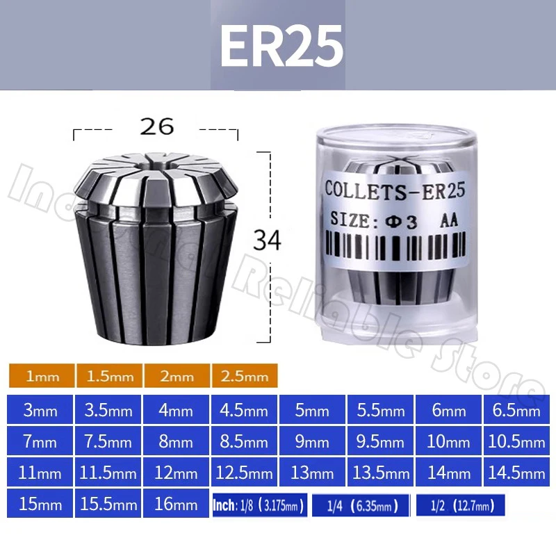 High Quality ER25 Spring Collet 1-16mm 1mm 1/8 Inch 3.175mm 1/4 Inch 6.35mm 1/2 Inch 12.7mm  Accuracy 0.008 Collect CNC Center