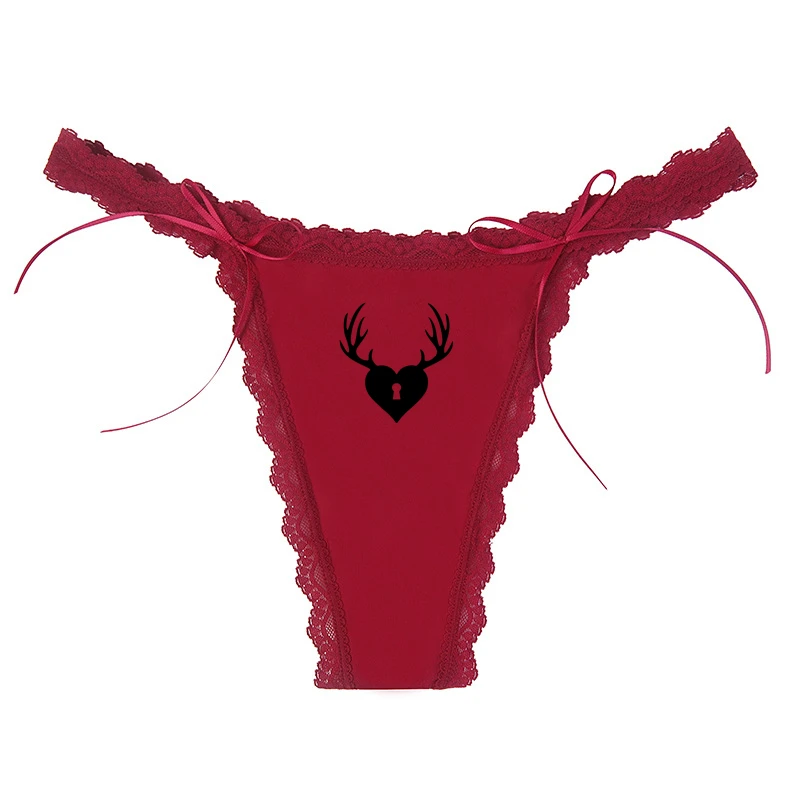 Sexy Women Cuckold Antlers Letters Print Wine Red Lace String Bow Underwear Long Thin Straps Lingeries Thongs Panties