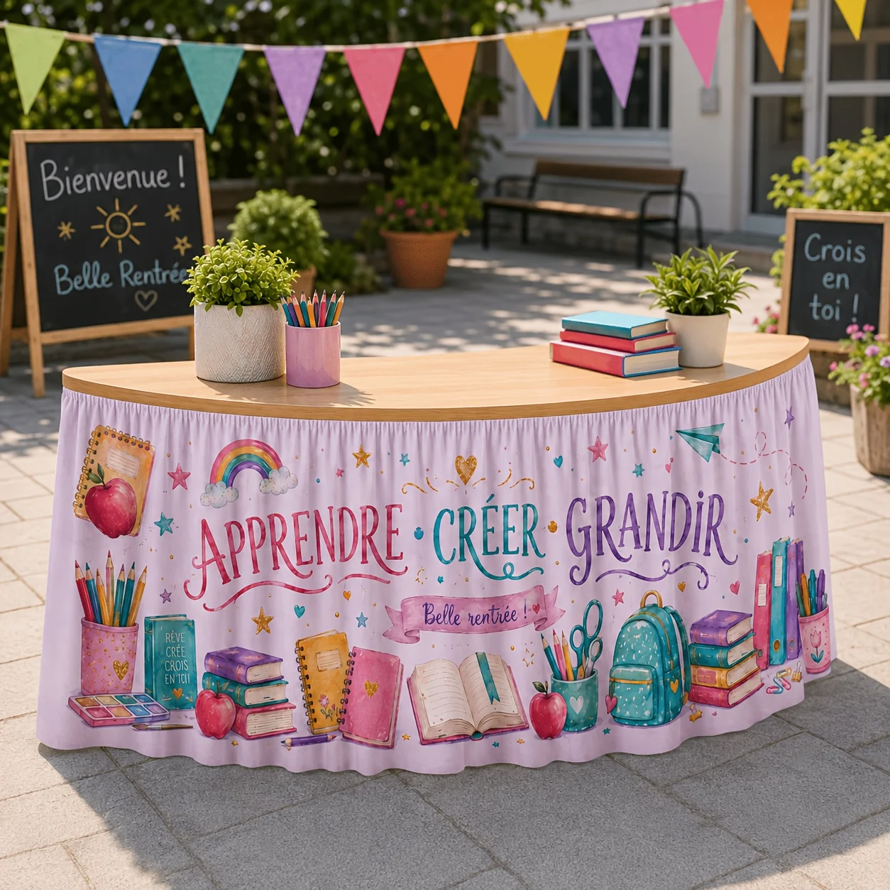 1 Party table skirt, colorful campus-themed table skirt, including book rainbow star patterns, suitable for classroom parties