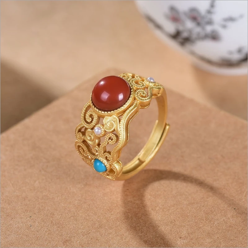

European and American retro style inlaid imitation south red accessories women's light luxury national style open ring