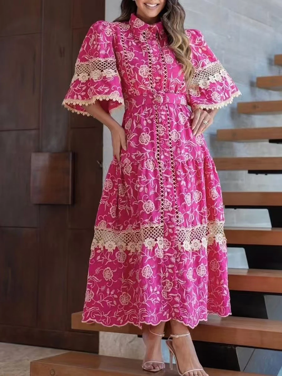 VGH Plus Size Solid Dresses for Women Lapel Half Sleeve High Waist Hollow Out Embroidery Dress Female Holiday Style Clothes New
