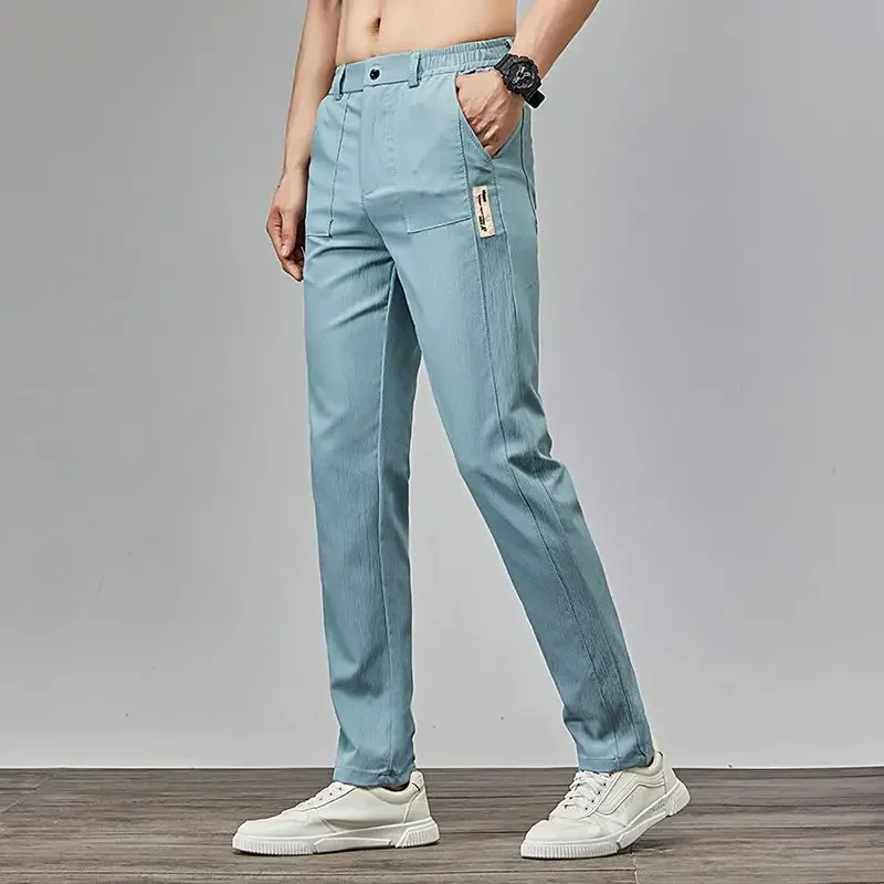 Male Trousers Thin Straight Cool Office Baggy Business Ice Silk Grey Pocket Zip Loose Summer Cooling Men's Casual Pants Luxury