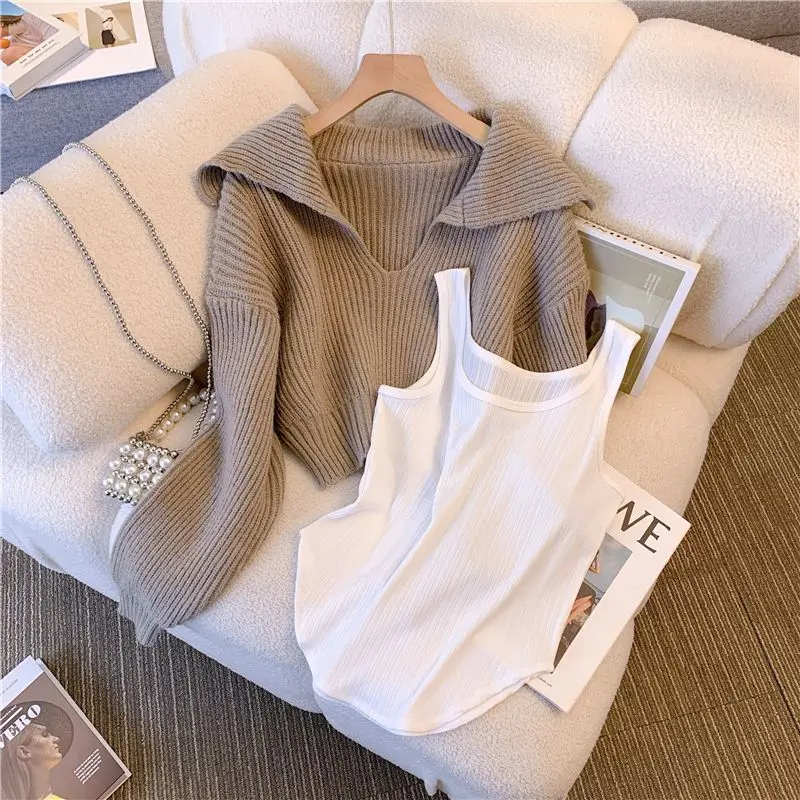 Navy Collar Knitted Sweater Irregular Vest Pull Femme Vintage Tops Knitwear Sueters Mujer Winter Clothes Women Pullover 2 Sets