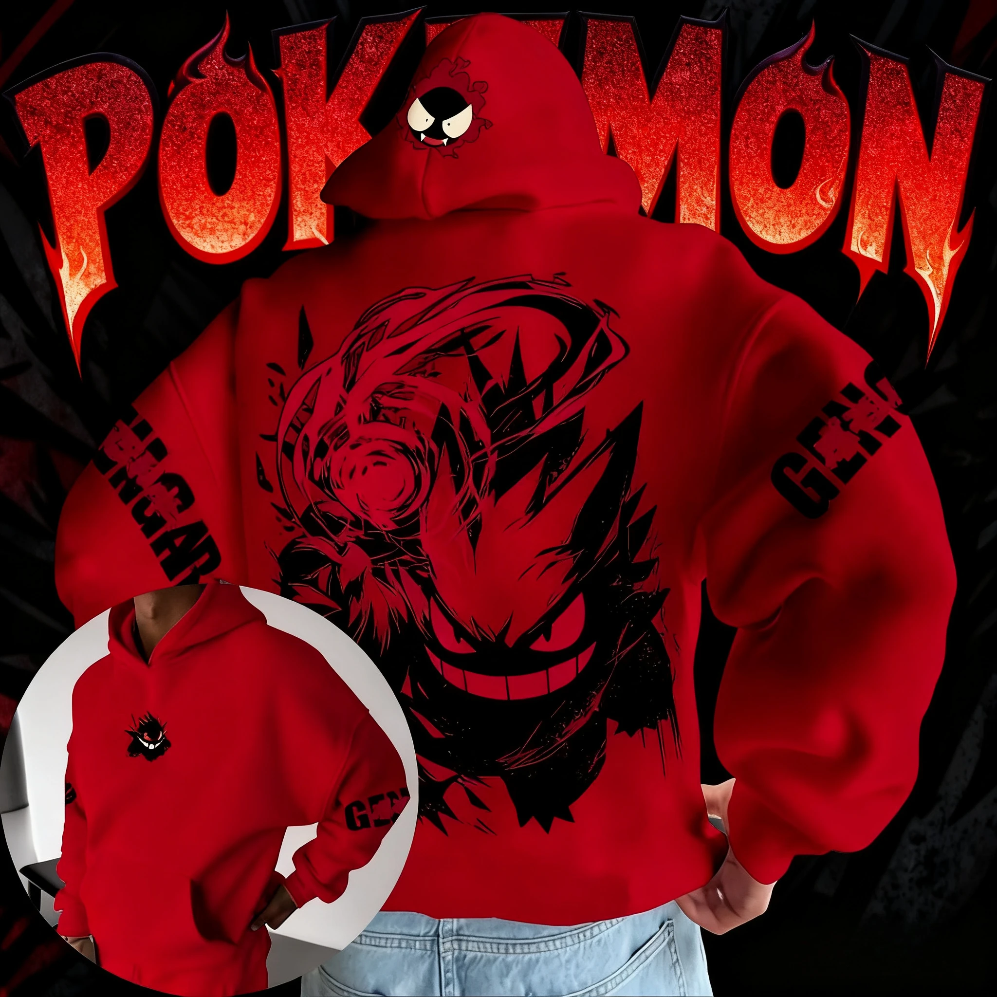 

2025 Autumn/Winter Pokemon Animation Brand 100% Cotton Gengar Printed Hoodie Men's Children's Harajuku Casual Loose Keep Warm