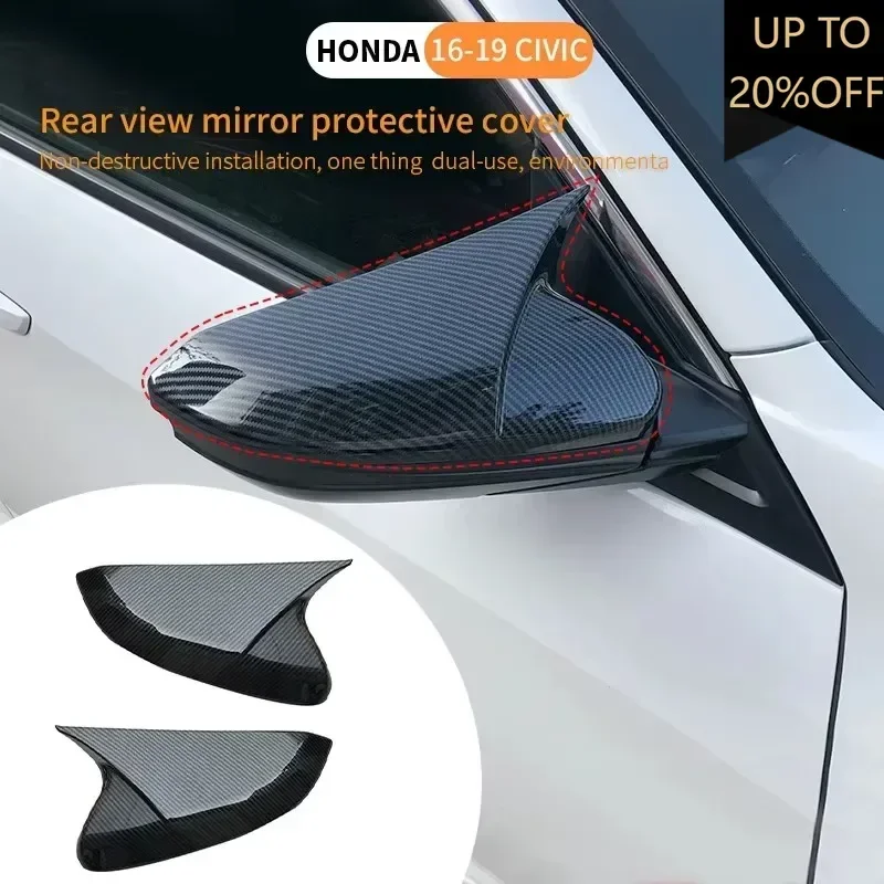 

For Honda Civic 10th 16-21 Car Rearview Mirror Cover Glossy Black Carbon Fiber Look Wing Cap Exterior Door Housing Shell Trim