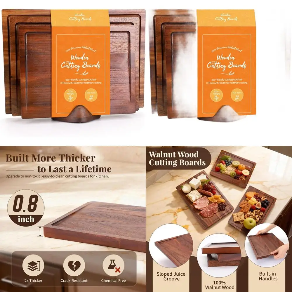 

Set of 3 Walnut Wood Cutting Boards, Holder Included, Large & Small with Deep Juice Grooves, Non-Toxic, Natural, Ideal for Chris