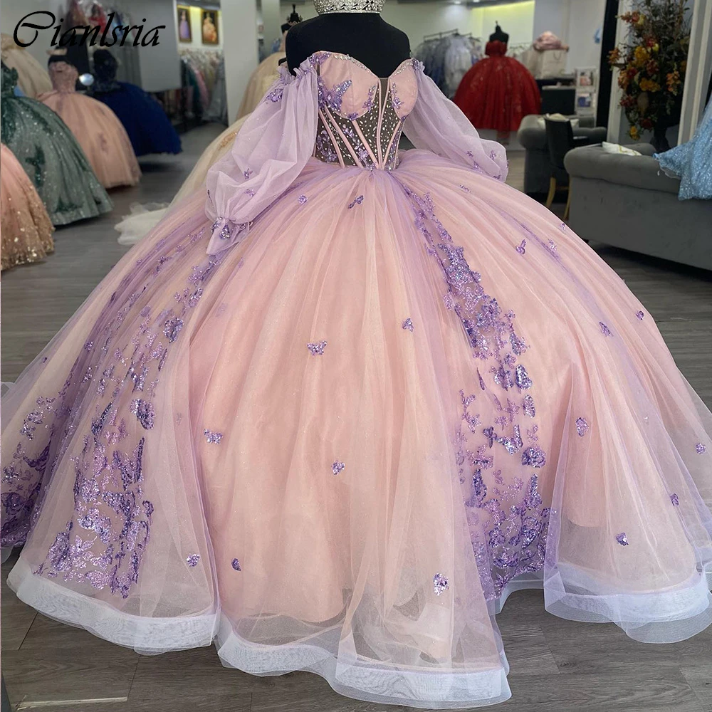 Vestido De baile De princesa con cuentas De mariposa 3D, quinceañera, apliques De lentejuelas, corsé De encaje, 15 Años