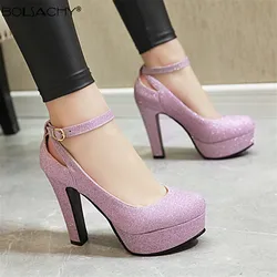 Ankle Strap High Heels Sexy Women Pumps Shiny Sequin Cloth Thick Platform Mary Jane Ladies Party Shoes Buckle Hollow Out Purple