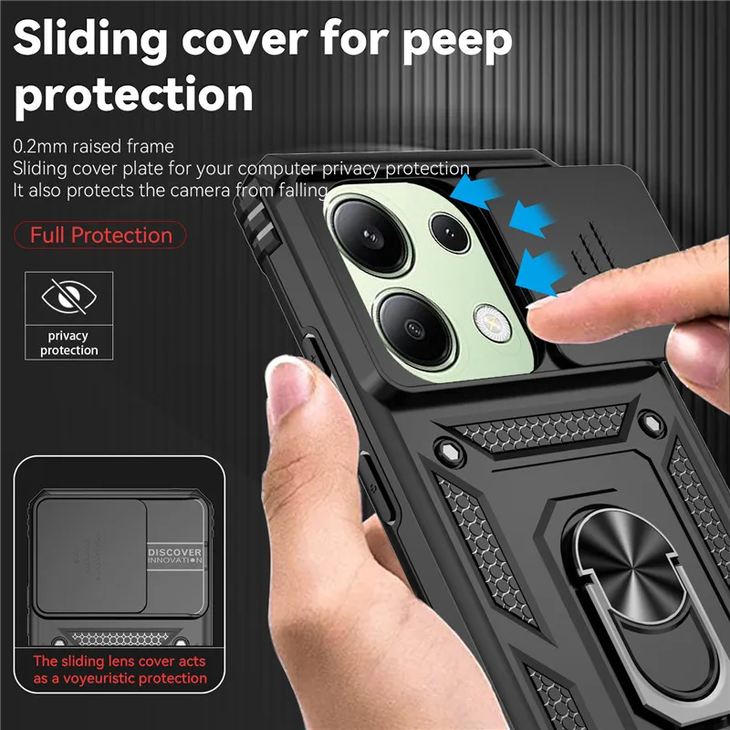 Casing pelindung ponsel kamera geser, casing pelindung ponsel untuk Xiaomi Poco M6 Pro 4G, penutup lensa kamera geser untuk Poko kecil Poco M6Pro M 6 POCOM6 4G Pro, casing berdiri cincin