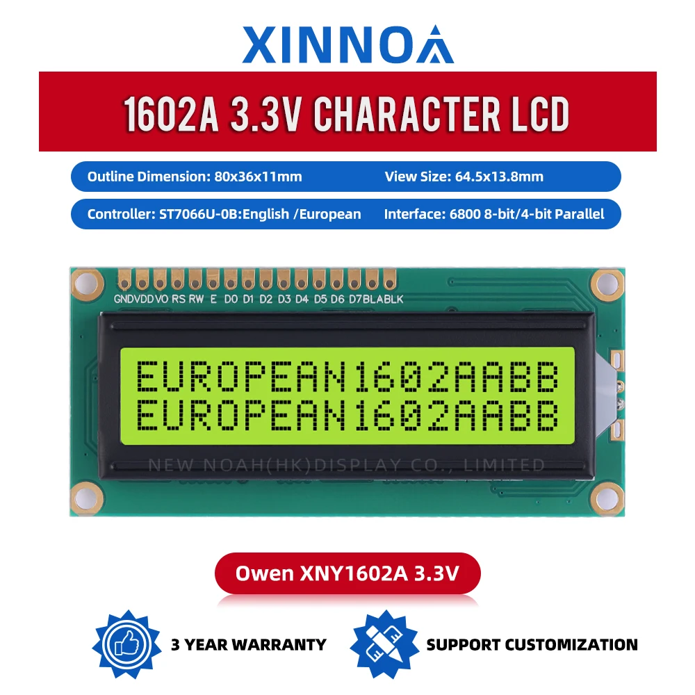 European Yellow Green Film 1602A 3.3V High Brightness LCD Screen 1602 1.5 Inches 16 PIN Controller ST7066U Dot Matrix Character