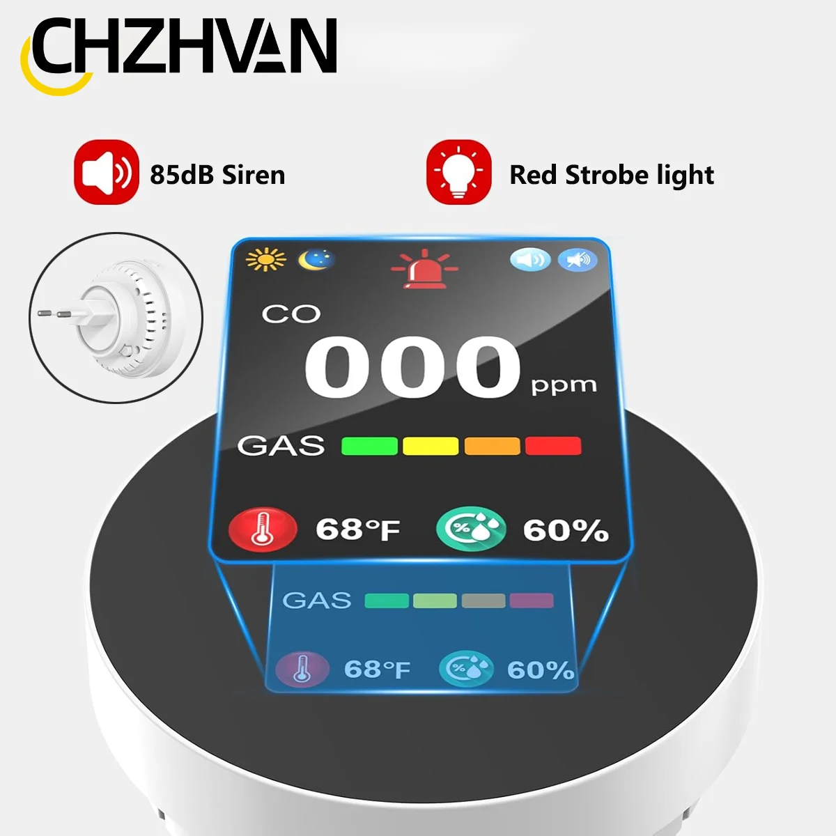 CHZHVAN 4-in-1 일산화탄소 감지기 CO 가스 경보기(스크린 포함), 천연가스/LPG/메탄/프로판/부탄용 가스 연료 감지기