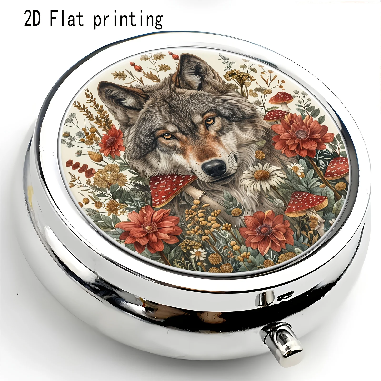 Single piece, flat, circular three-compartment design box with a wolf pack forest scene, wallet box, gentle and soft, decorative metal storage box, used for storing medication and vitamins