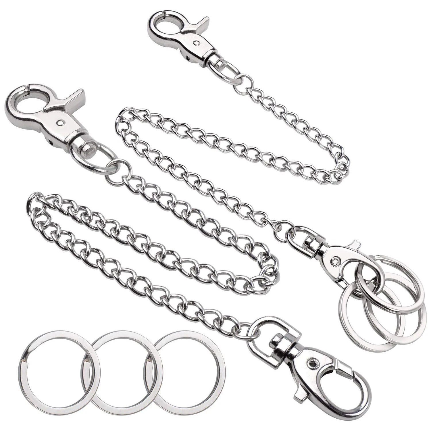 

2 Pieces of Metal Wallet Keychain Pants Chain with Both Ends Lobster Clasps and 6 Pieces of Key Rings for Keys, Pants, Belt Loop