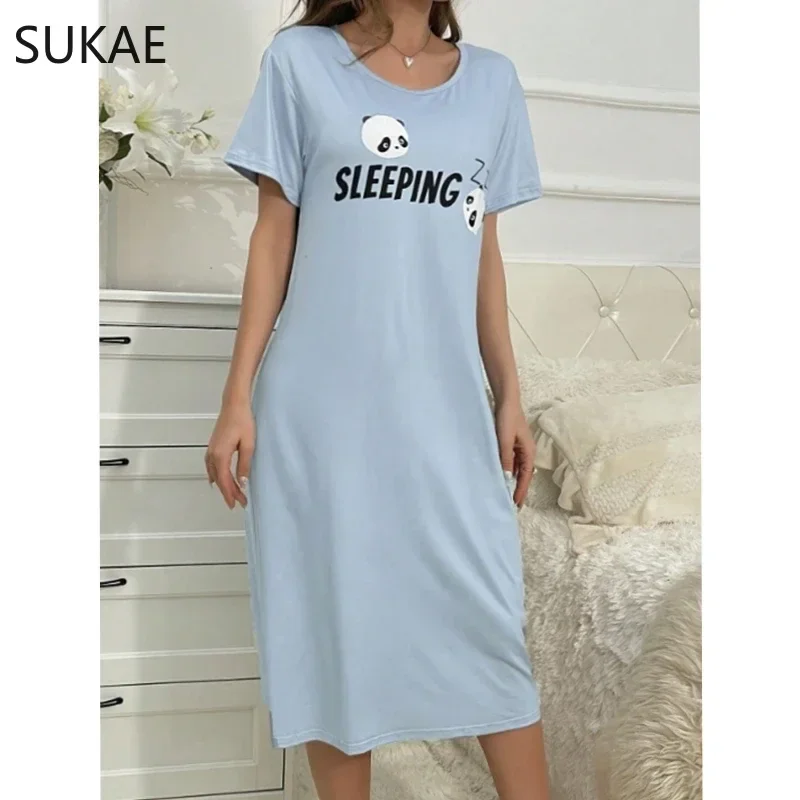 SUKAE Cute Panda Milk Silk Sleepwear Leisure Summer Nightdress Women Sleepshirt Casual Baby Blue Nightdress Cartoon Night Gown