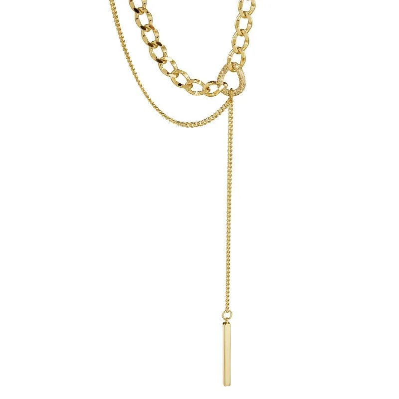 O novo colar de corrente geométrica de aço de titânio é um acessório elegante de borla dupla para roupas femininas