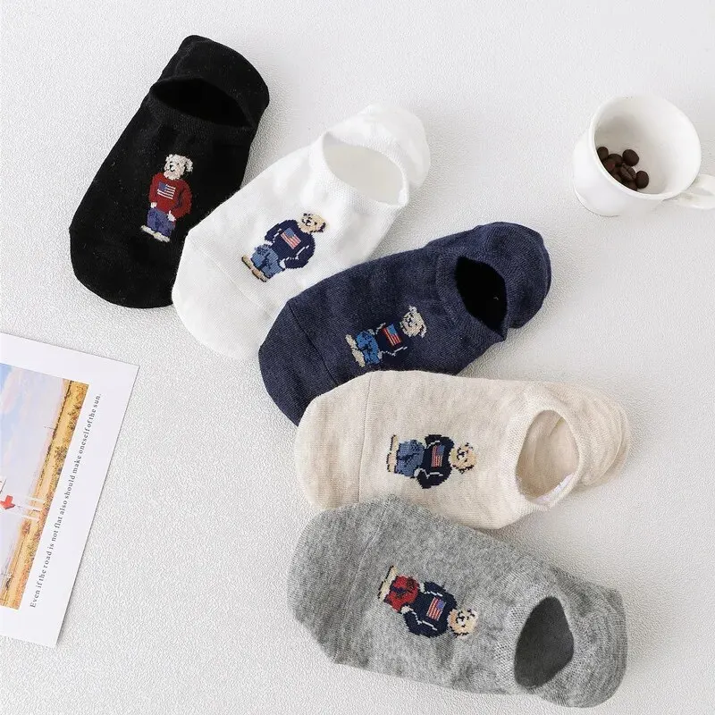 5 Pairs of Super Cute Bear Embroidered Cartoon Bear Boat Socks, Soft and Comfortable, Sweat Wicking and Versatile Short Socks