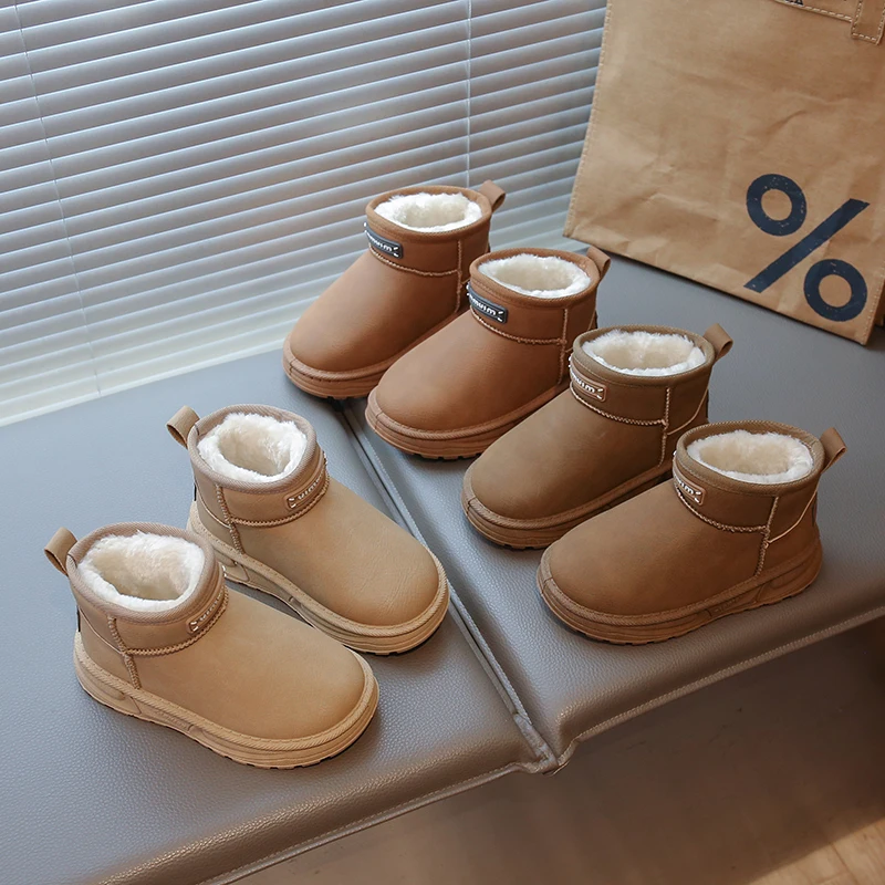 

2025 New Winter Children's Leather Waterproof Snow Boots Anti-skid Thickened Cotton Boots