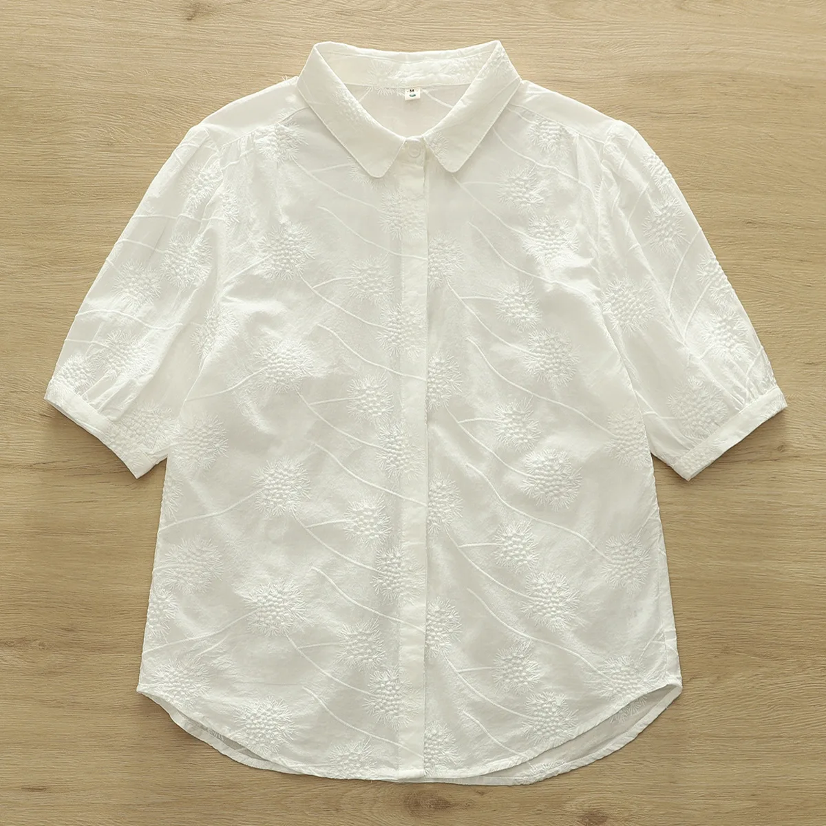 ใหม่2025ฤดูร้อนผ้าฝ้ายแขนสั้นเสื้อผู้หญิงLapel Dandelionเย็บปักถักร้อย, MoriสาวRetro OLเดินทางเสื้อหลวมT54336CC