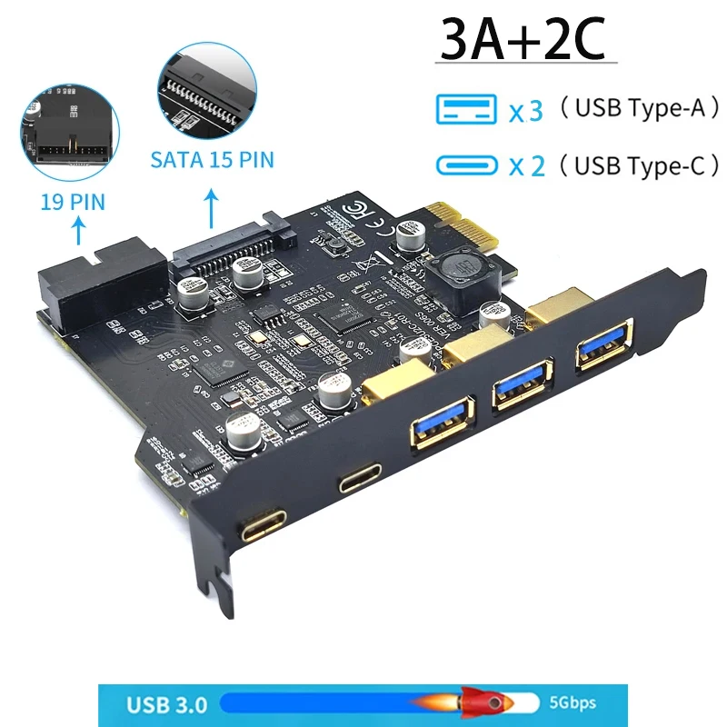 PCI-E 1X To 5 ports USB Card 2 Type-c 3ports usb3.0 Expansion Adapter Board PCI Controller Add On Cards with PCIE 1/4/8/16X card