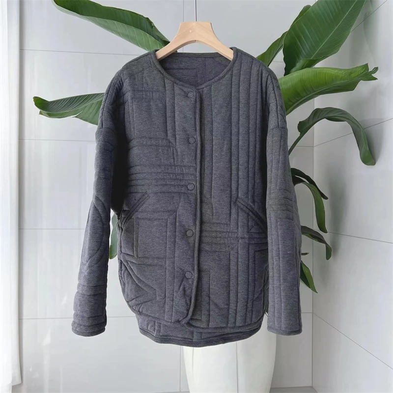 2024 winter new women\'s hemp gray geometric quilted plain knitted cotton coat y2k high quality fashion casual loose jacket coat