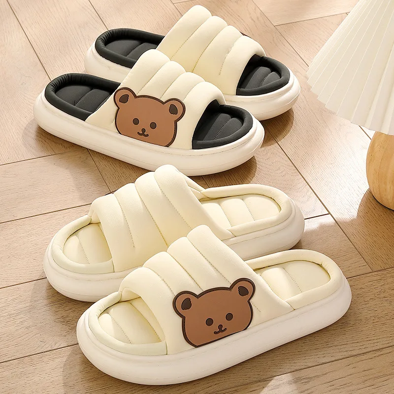 Home Summer Women Men Slippers Breathable Linen Thick Sole Sandals Cartoon Indoor Flip Flops Anti-Slip Couple Slides Cute Shoes