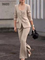 Elegant Basic Women Square collar blazer jacket and Long pants Office ladies 2024 Autumn 2 Piece set Khaki Spring INKEO 4O036