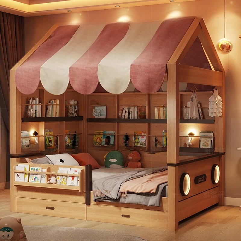 

Children's tree house tent bunk bed with light popsicle bed Montessori solid wood double layer high and low