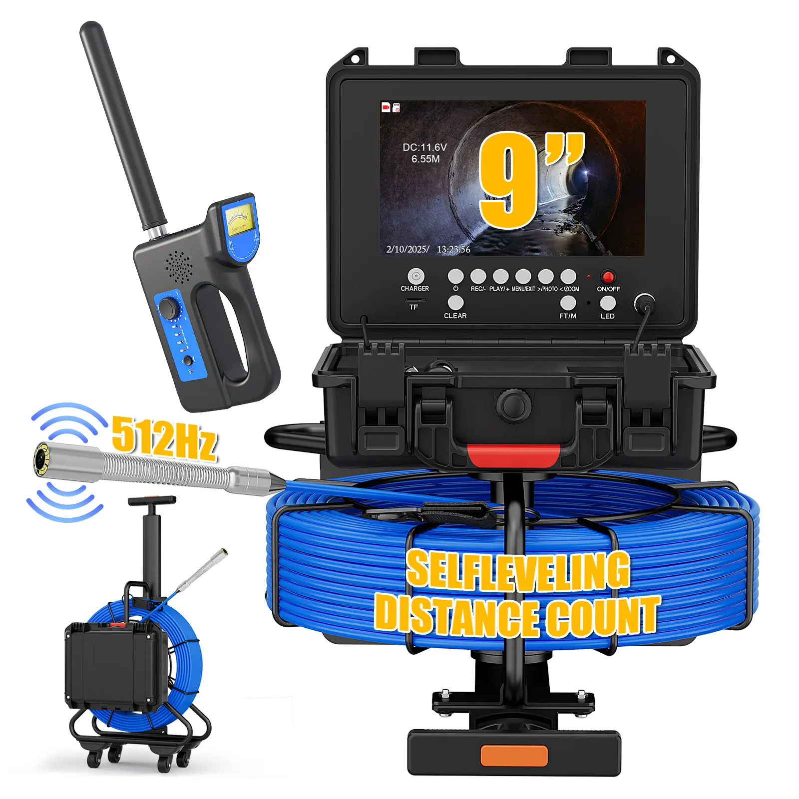 

9-дюймовая камера для осмотра дренажных канализационных труб IP68, 512 Гц, самовыравнивающаяся портативная камера для осмотра труб на тележке с тягой и локатором