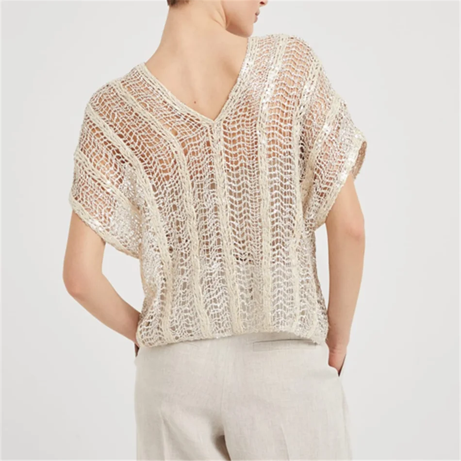 Dazzling Striped Net Embroidery T-shirt In Techno Raffia High Quality Empty Space Sleeveless Tops 2024 New Women's Clothing