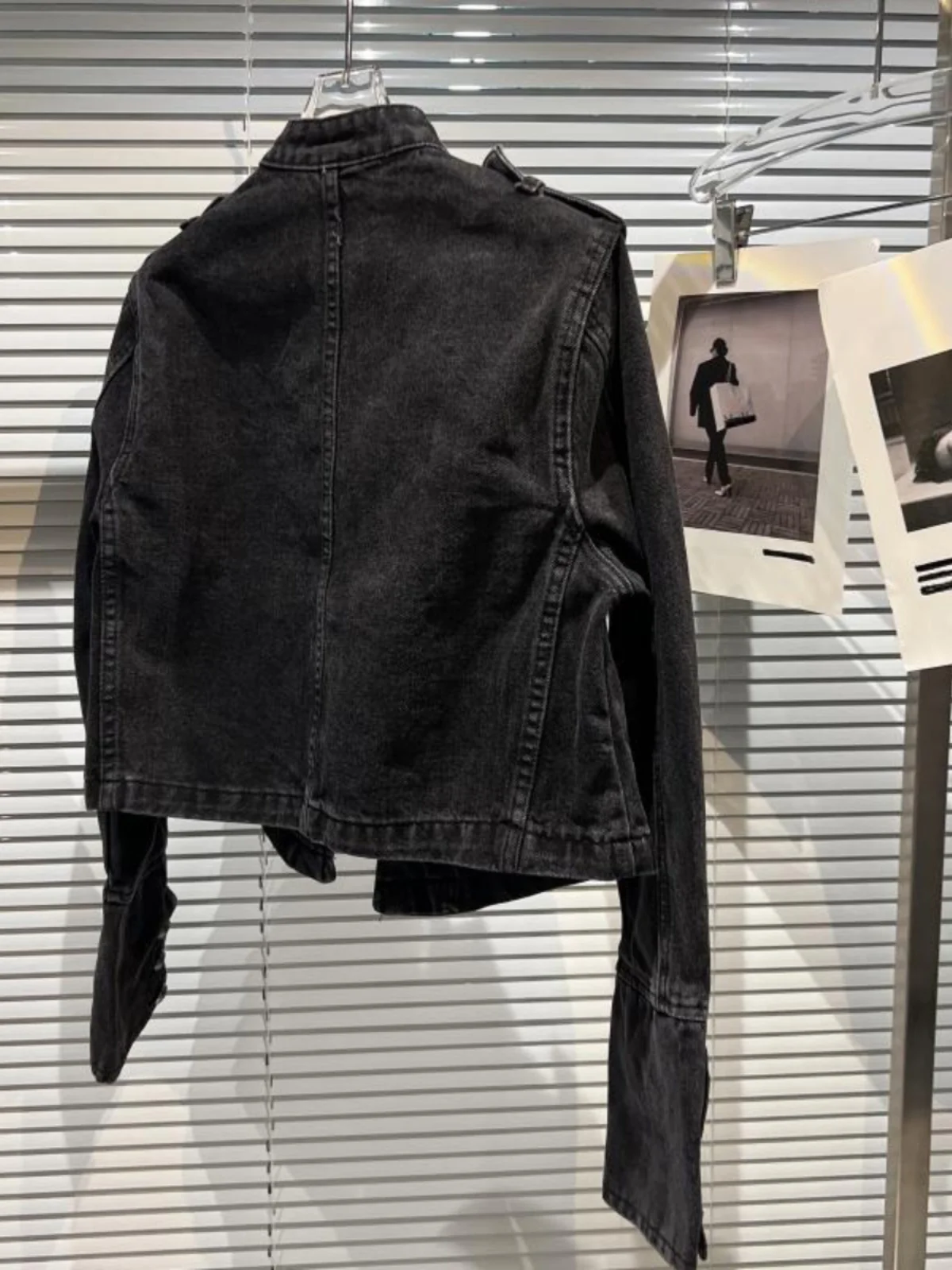 Punk Style Black Stand Up Collar Denim Jackets Vintage Washed Motor Coat For Women 2025 Autumn New Loose Long Sleeve Outerwear 32