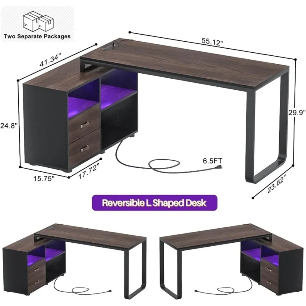 Meja berbentuk L 55 inci dengan lemari File dan Outlet daya, meja komputer sudut besar dapat dibalik dengan Strip LED, meja komputer